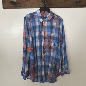 Joules linen size 10 shirt blue and white gingham with flowers